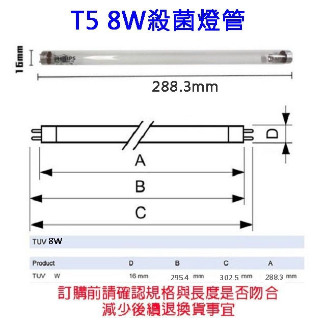 Philips飛利浦TUV紫外線 8W殺菌燈管