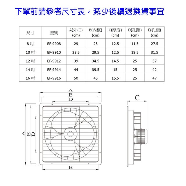 南亞 EF-9916  16吋排風扇/排風機/通風扇/抽風扇