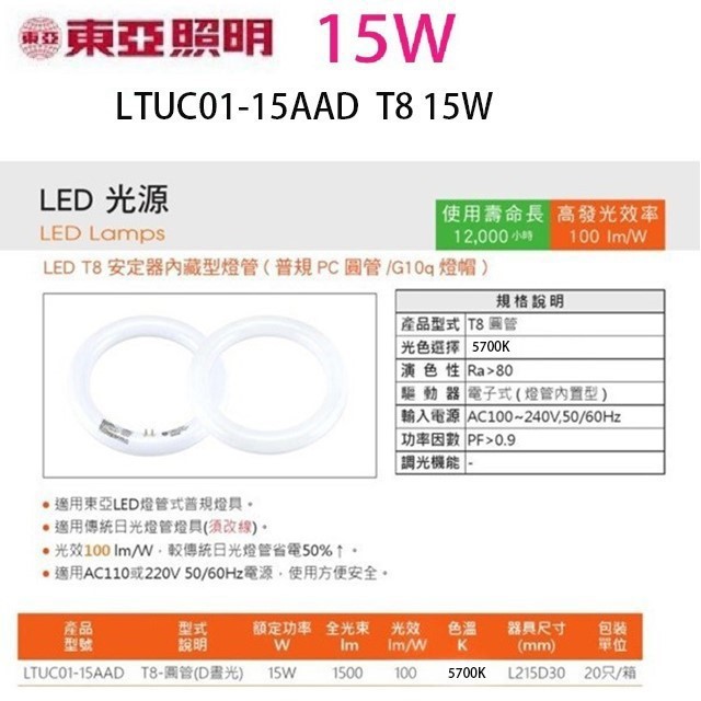 東亞 15W  LED高效率環型燈管(畫光色-白光)