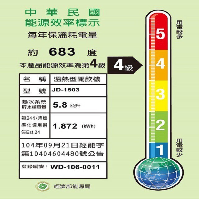晶工 JD-1503 全開水 7.8L 溫熱開飲機