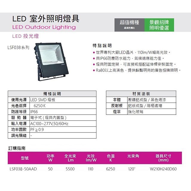 東亞 LED  50W投光燈/投射燈/探照燈