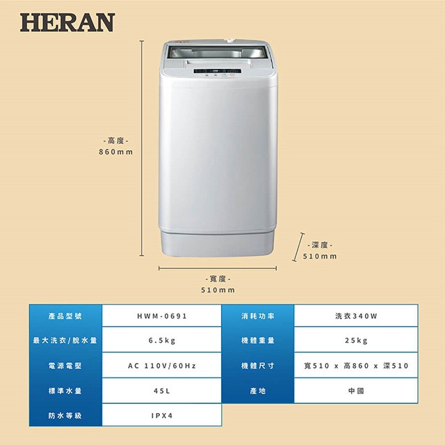 HERAN禾聯 HWM-0691全自動 6.5KG 洗衣機(含基本安裝)