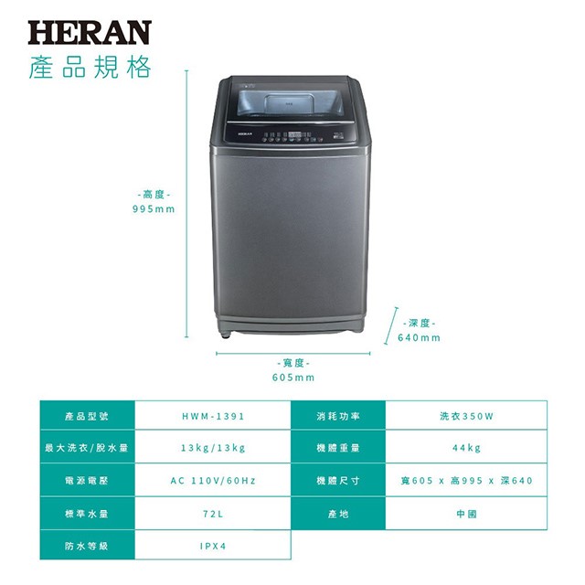 HERAN 禾聯 HWM-1391全自動 13KG洗衣機(含基本安裝)