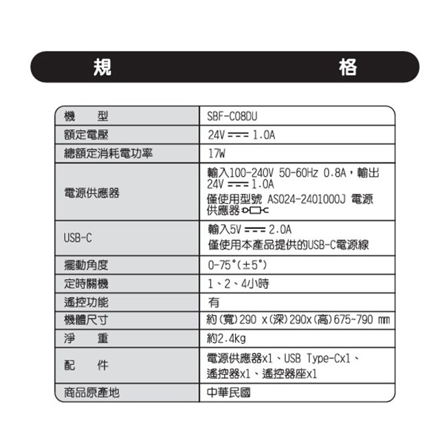 SANLUX 台灣三洋SBF-C08DU  8吋DC遙控循環扇