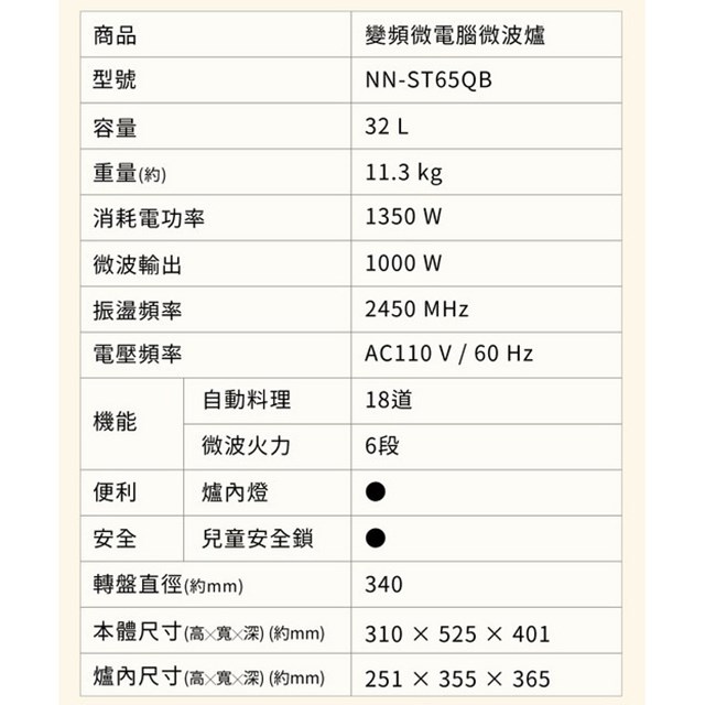 國際 NN-ST65QB  變頻微電腦32L微波爐(有轉盤)